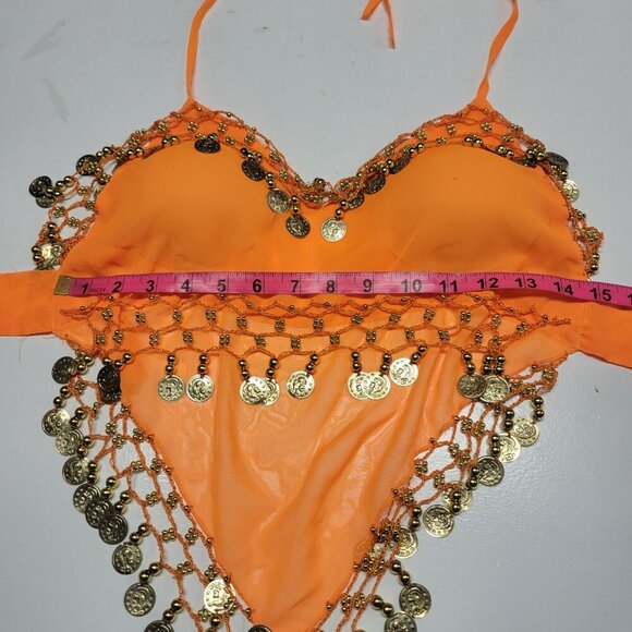 Orange Belly Dance Top with Gold Coins Halter Crop Top - Picture 10 of 10